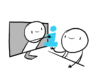 Illustration: Eine Strichfigur sitzt in einem Monitor und reicht ein Info-I einer anderen Strichfigur.