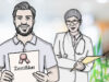 Illustration zeigt einen Arzt, der ein Zertifikat in der Hand hält, und eine Ärztin im Kittel mit Stethoskop.