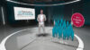 Ausschnitt aus dem Erklärvideo zu den Ergebnissen der LA-MED Facharzt-Studie 2026, Thema: Fachgruppe Pädiatrie. Ein Moderator steht in einem von KI konstruierten virtuellen Fernsehstudio, hinter sich ein Bildschirm mit eingeblendeten Balkendiagrammen.